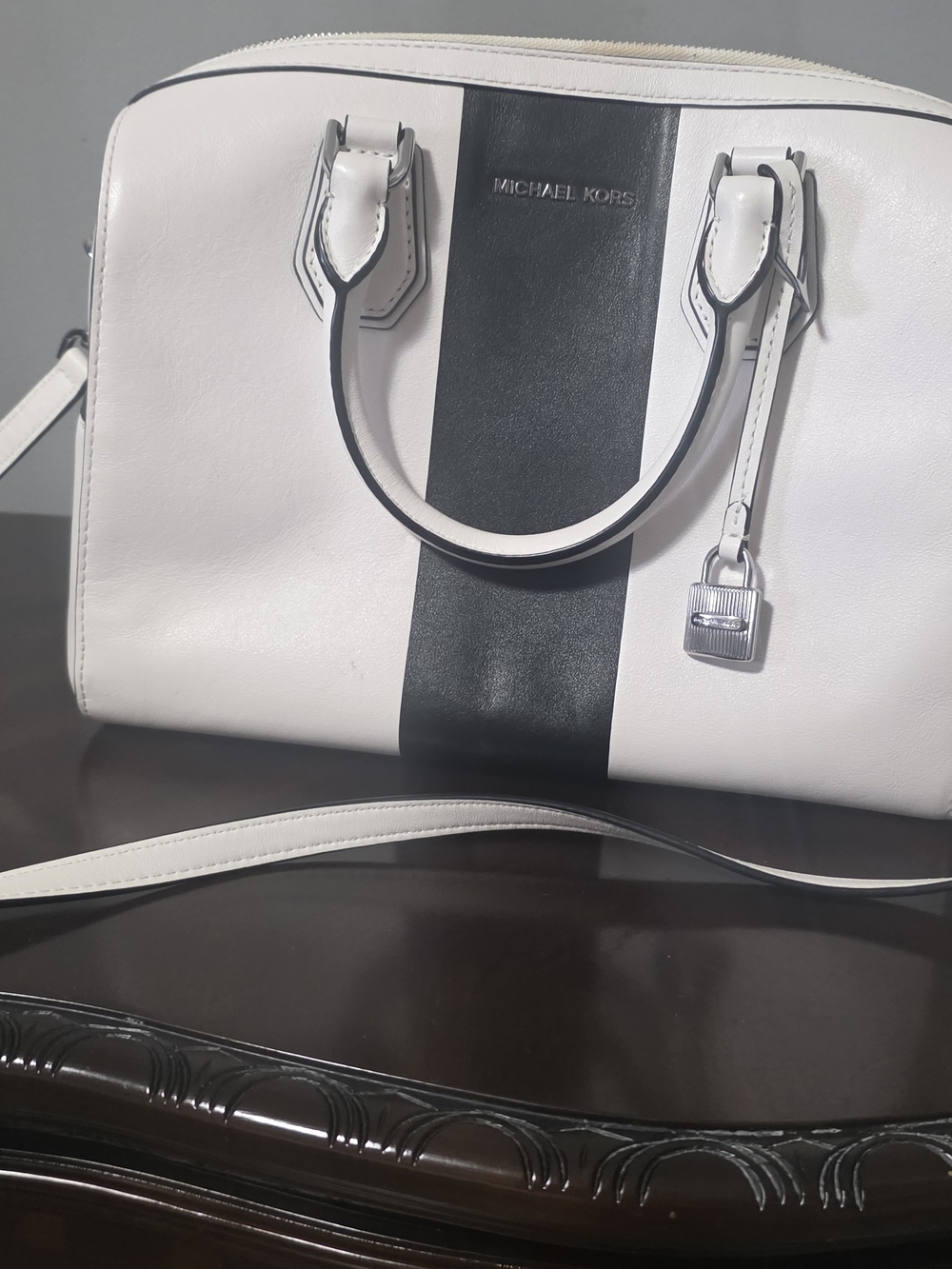 Michael Kors White & Black Vertical Stripe Dome Satchel